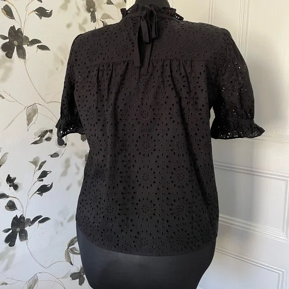 NWT Madewell Embroidered Eyelet Ruffle-Neck Keyhole Top - XL - Black - Back Tie - Picture 5 of 10